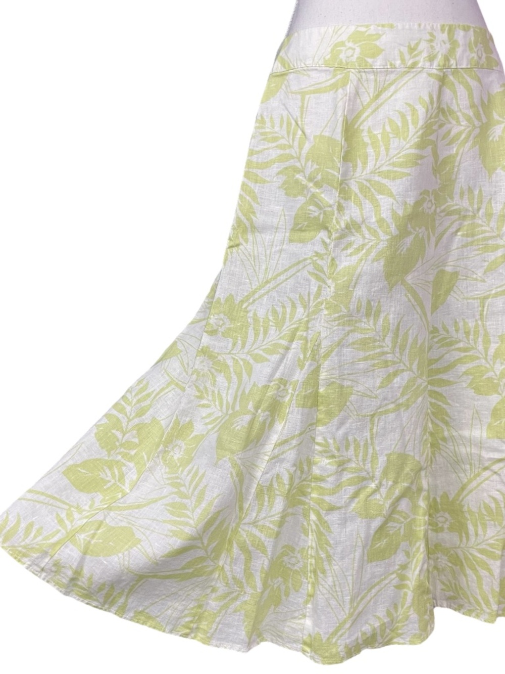 100% Linen Midi Skirt 10 A-Line Lime Green White Floral Hawaiian Knee Length